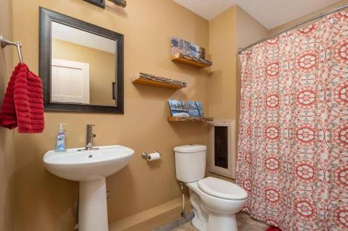 a bathroom with a toilet and a sink and a mirror at Wilderness Meadows in Pine City