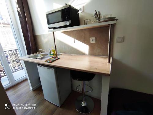 a kitchen with a counter with a microwave and a sink at Hôtel Lyonnais in Nice