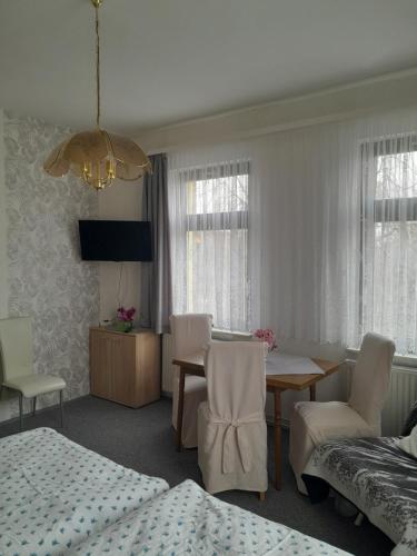 a bedroom with a table and chairs and a dining room at Pension Edelweiß in Kurort Gohrisch