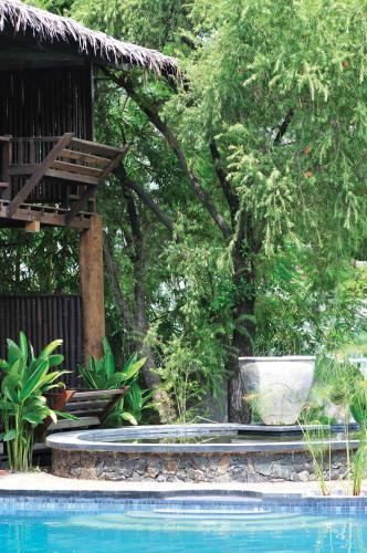 a swimming pool in front of a house with a tree at Villa Samadhi by Samadhi Age 12 and Above Only in Kuala Lumpur