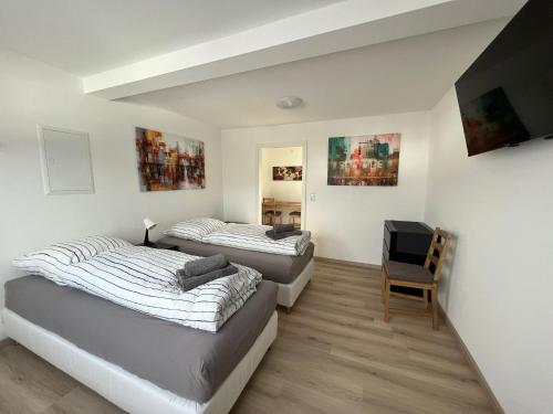 two beds in a room with a tv and a chair at Ferienappartment & Ferienwohnung Banfetal in Bad Laasphe