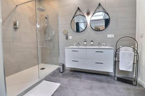 uma casa de banho com um chuveiro, um lavatório e um espelho. em Le Val de Cœur em Valence