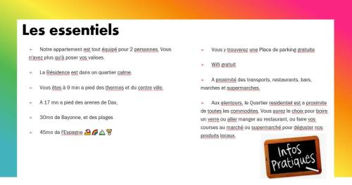página de un sitio web de un restaurante con un cartel que lee menos esencial en Happiness, en Dax
