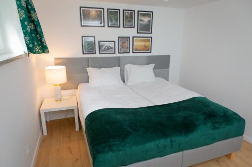 una camera da letto con un grande letto con una coperta verde di Dom Granero w Lesie pod Ślężą 