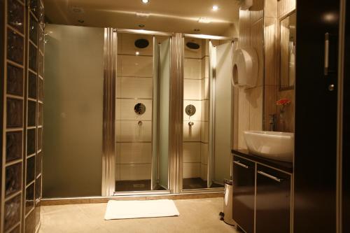 a bathroom with a shower and a sink at A'dors Apartments - Bed, Breakfast & Spa in Skopje