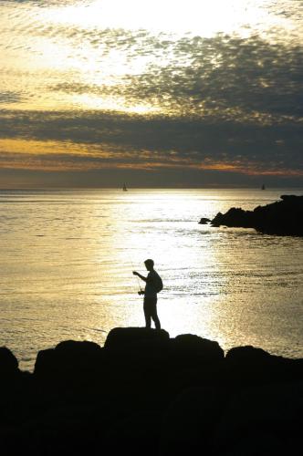 a man is standing on a rock in the ocean at A l'Ombre des Pommiers in Ergué-Gabéric