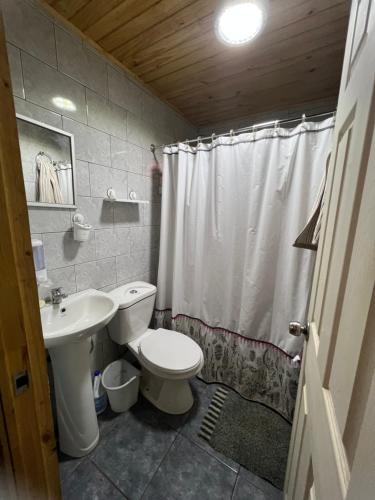 y baño con aseo blanco y lavamanos. en Cabañas Vista Hermosa Radal 7 Tazas, en El Torreón