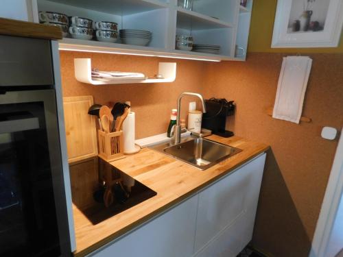 a small kitchen with a sink and a counter at Vali's Paradise in Ptuj