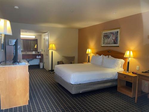 a hotel room with a bed and a flat screen tv at SureStayPlus Hotel by Best Western San Jose Central City in San Jose