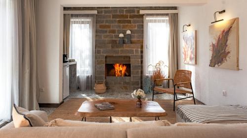 a living room with a couch and a fireplace at Nadas Kazdağları in Canakkale