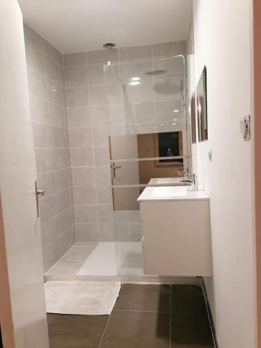 een witte badkamer met een douche en een wastafel bij Grand studio indépendant in Saint-Paul-lès-Dax