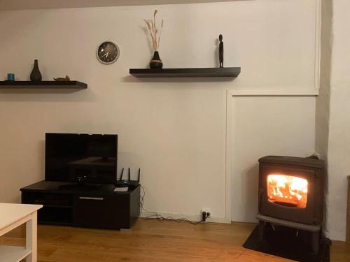 a living room with a fireplace and a television at Rooftop view apartment in Vardø