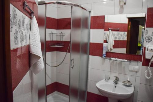 a red and white bathroom with a sink and a shower at ГОК Віват in Morshin