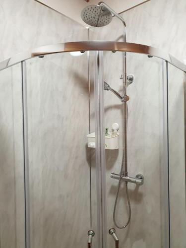 ducha con puerta de cristal y cabezal de ducha en Luxurious lodge, Hot tub at Rudyard Lake, couples or small family, en Rudyard