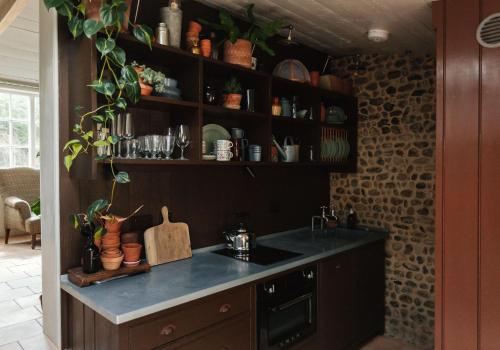 a kitchen with a sink and a counter with plants at Spinks Nest - a boutique cottage near Holt, North Norfolk in Hunworth