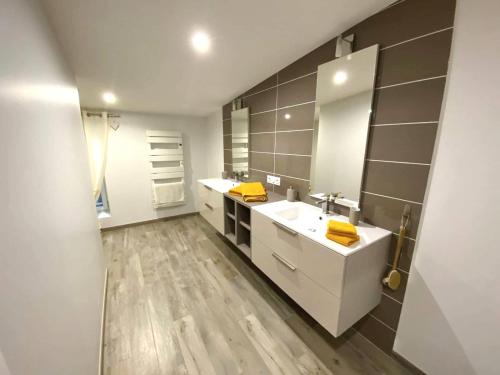 łazienka z 2 umywalkami i dużym lustrem w obiekcie Lou Cantou w mieście Nègrepelisse