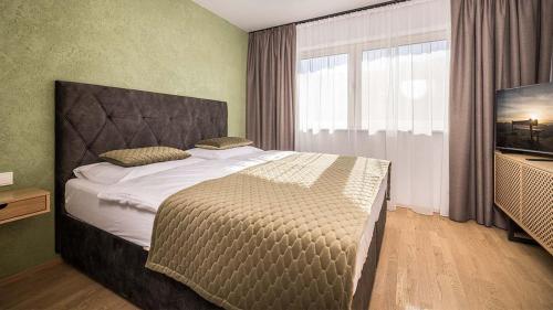 een slaapkamer met een groot bed en een televisie bij GreenView Apartment in Wiesing