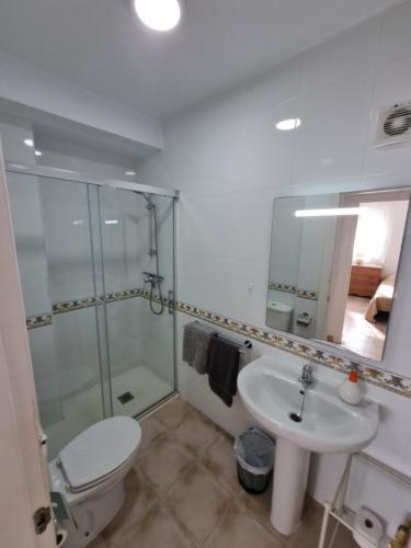 een badkamer met een toilet, een wastafel en een douche bij South Facing Apartment, Fantastic Sea Views,Terrace, 300m beach in Mojácar