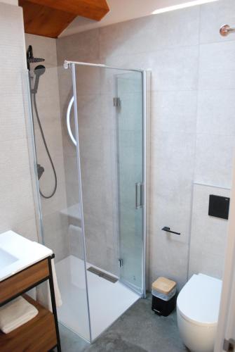 a shower stall in a bathroom with a toilet at Altar Suites Caño Badillo by gaiarooms in León