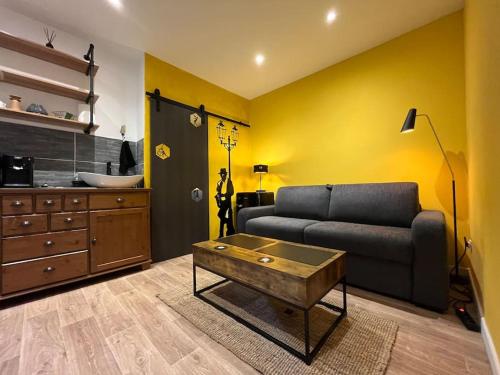 un salon avec un canapé et une table basse dans l'établissement Le choriste de Blo - Hypercentre, à Fontainebleau