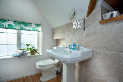 un bagno con lavandino, water e finestra di The Roost a Budleigh Salterton