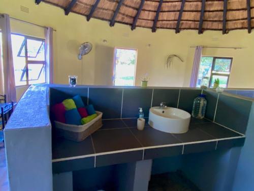 een blauwe badkamer met een wastafel en een wastafel bij Izulu Eco Lodge in Sodwana Bay