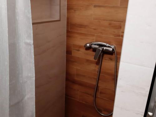 a shower in a bathroom with a wooden wall at Apartments Franka Saplunara in Saplunara