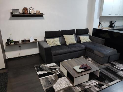 ブラショヴにあるAvangarden Apartmentのリビングルーム(黒いソファ、コーヒーテーブル付)