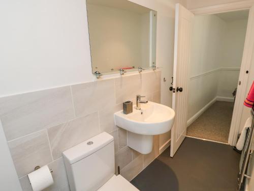 a bathroom with a toilet and a sink and a mirror at 1 Tulse Hill Cottages in Ventnor