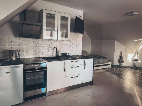 una cucina con lavandino e piano cottura di Przytulny apartamentt a Jabłonka