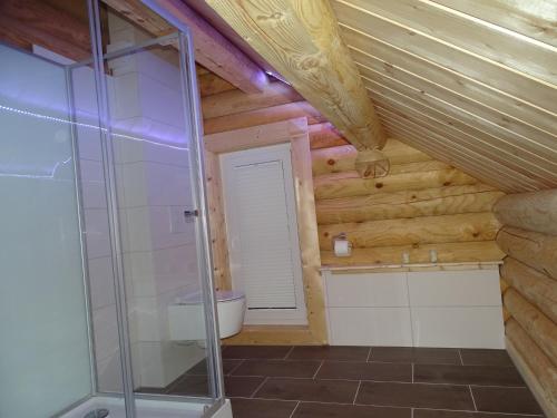 een badkamer met een glazen douche in een blokhut bij Hahnenkleer Hütte Harzliebe in Goslar