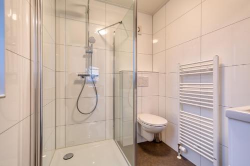 a bathroom with a shower and a toilet at Recreatiepark Jachthaven De Veerstal Lathum - Luxe Chalet in Lathum