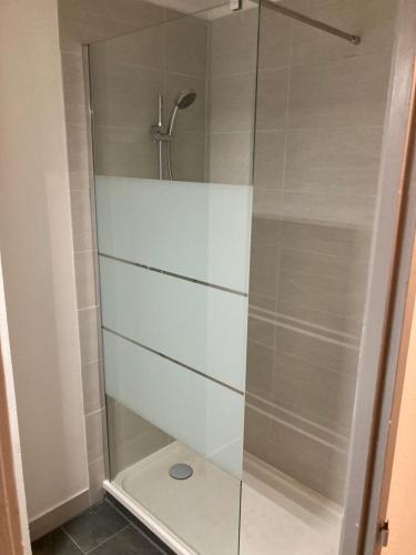 une douche avec une porte vitrée dans une salle de bain dans l'établissement Résidence Village Marin Catalan, à Torreilles