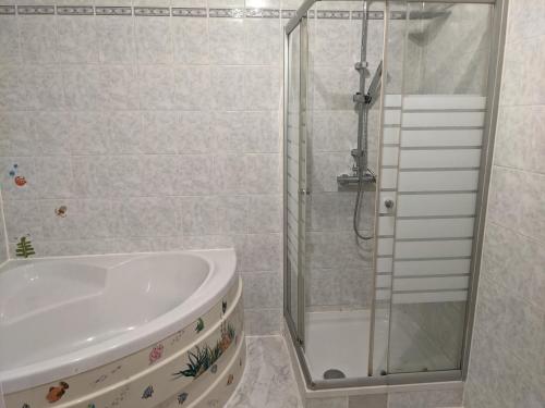 a bathroom with a shower and a bath tub at Ferienwohnung Ela in Bexbach