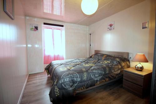 Un dormitorio con una cama y una lámpara y una ventana. en La guinandie, en Vayres