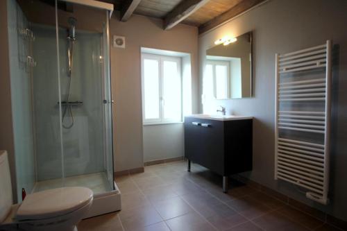 Un baño con ducha, inodoro y lavabo. en La guinandie, en Vayres