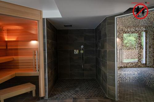a shower with a glass door in a bathroom at Europe Haguenau – Hotel & Spa in Haguenau