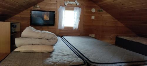 a attic room with a bed and a television at Punatulkku in Kalajoki