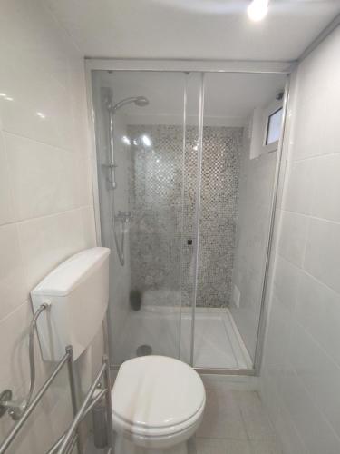 a white bathroom with a shower and a toilet at Historic Torres Vedras in Torres Vedras