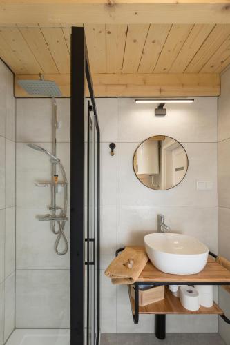 a bathroom with a sink and a shower at Ostoja Notecka in Mężyk