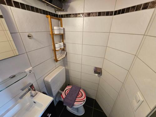a small bathroom with a toilet and a sink at Hotel Leonhardihof in Bad Tölz