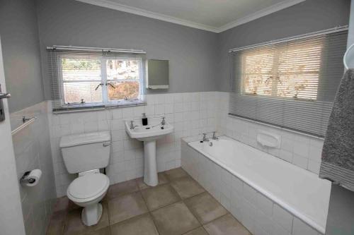 a bathroom with a toilet and a tub and a sink at Bergwinds in Underberg