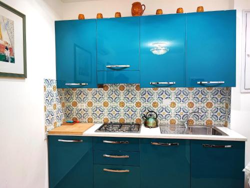 una cocina con armarios azules y fregadero en De' Bardi apartment x 6, en Florencia