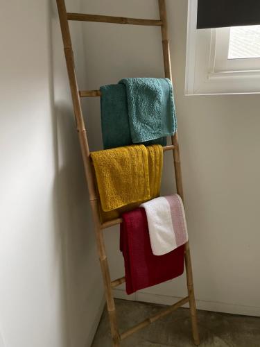 ein Handtuchhalter mit verschiedenen farbigen Handtüchern darauf in der Unterkunft Appartement T2 Bayonne st esprit avec parking in Bayonne