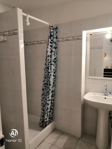 une salle de bain avec douche et lavabo dans l'établissement Appartement au cœur de cassis avec jardin, à Cassis