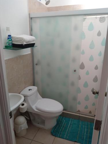 uma casa de banho com um WC, um lavatório e um chuveiro em Hogar dulce hogar! em San Miguel