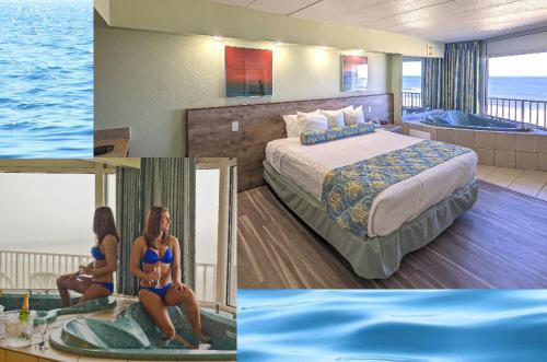 two pictures of a hotel room with a bed and water at The Schooner Inn in Virginia Beach