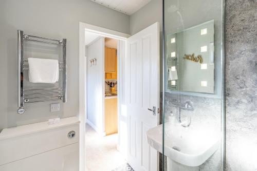 ein Bad mit einem Waschbecken und einer Glasdusche in der Unterkunft Bluebell Lodge 7 with Hot Tub in Newton Stewart