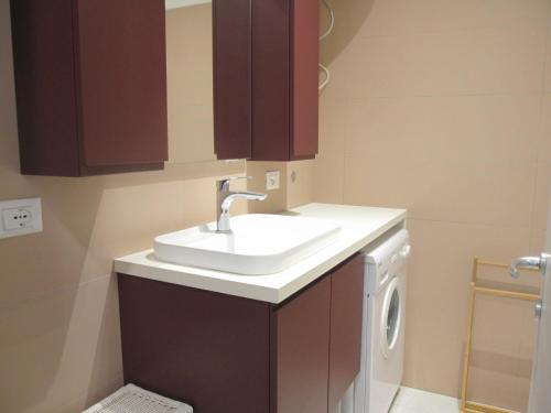 a bathroom with a sink and a washing machine at Appartamento Pineta Marina in Grado