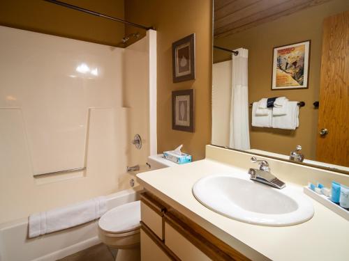 a bathroom with a sink and a toilet and a mirror at Caribou Highlands Lodge in Lutsen